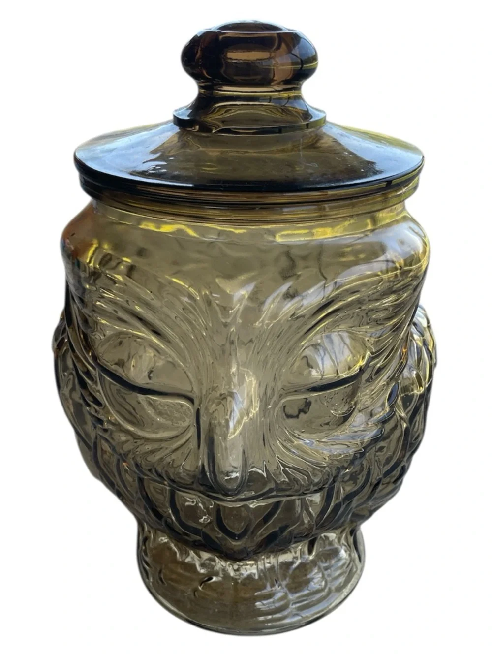 Vintage Libbey Owl Cookie Jar Smoky Glass with Lid